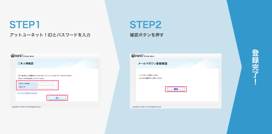 STEP.1 アットユーネット!IDとパスワードを入力 → STEP2. 確認ボタンを押す → 登録完了!