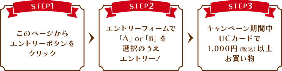 STEP1:このページからエントリーボタンをクリック STEP2:エントリーフォームで「A」or「B」を選択のうえエントリー！ STEP3:キャンペーン期間中UCカードで1,000円（税込）以上お買い物