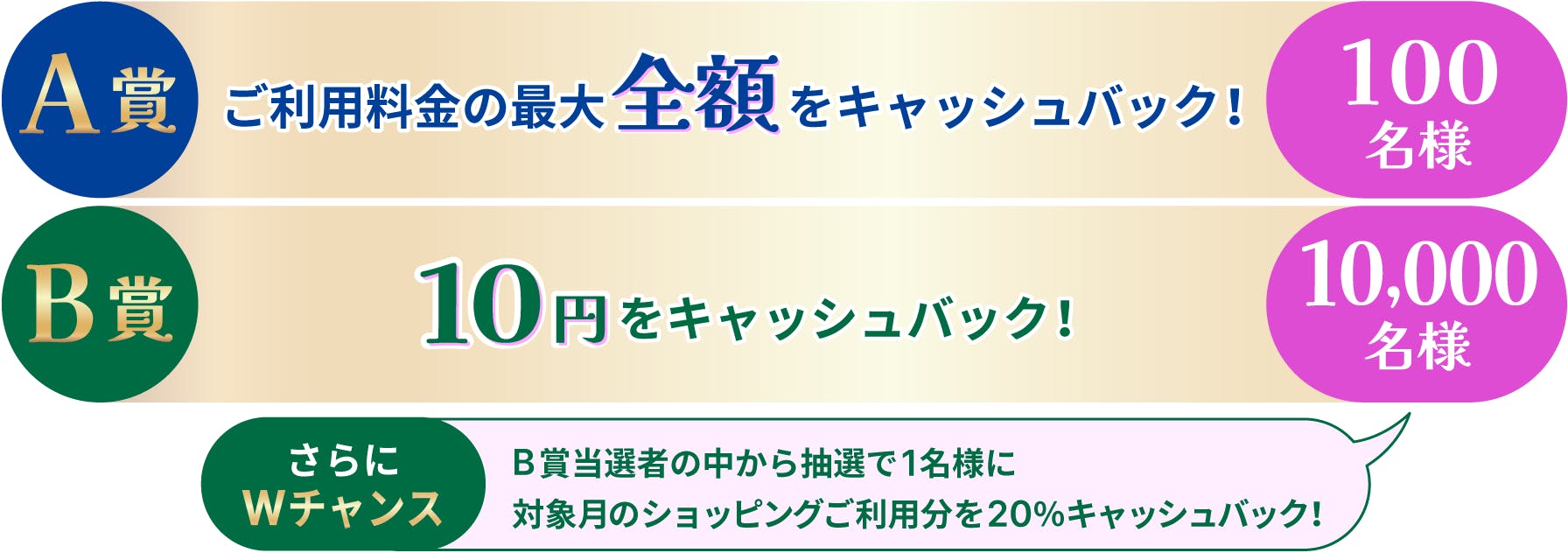 A賞　ご利用料金の最大全額をキャッシュバック！100名様　B賞　10円をキャッシュバック！さらにチャンス 10,000名様の中から抽選で1名様に対象月のショッピングご利用分を20％キャッシュバック！10,000名様