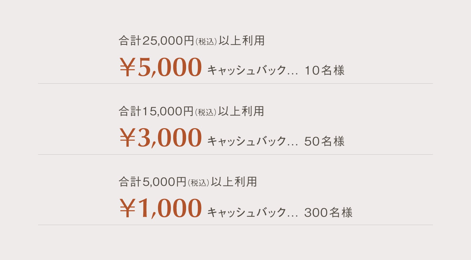 5,000円キャッシュバック（合計25,000円以上ご利用が対象）10名様、3,000円キャッシュバック（合計15,000円以上ご利用が対象）50名様、1,000円キャッシュバック（合計5,000円以上ご利用が対象）300名様