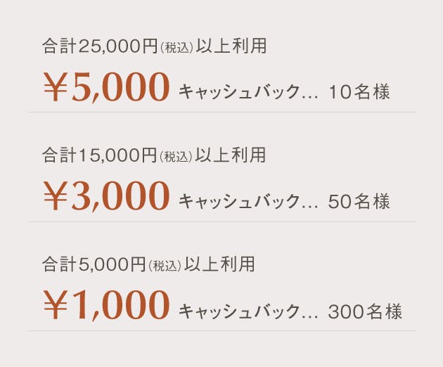 5,000円キャッシュバック（合計25,000円以上ご利用が対象）10名様、3,000円キャッシュバック（合計15,000円以上ご利用が対象）50名様、1,000円キャッシュバック（合計5,000円以上ご利用が対象）300名様