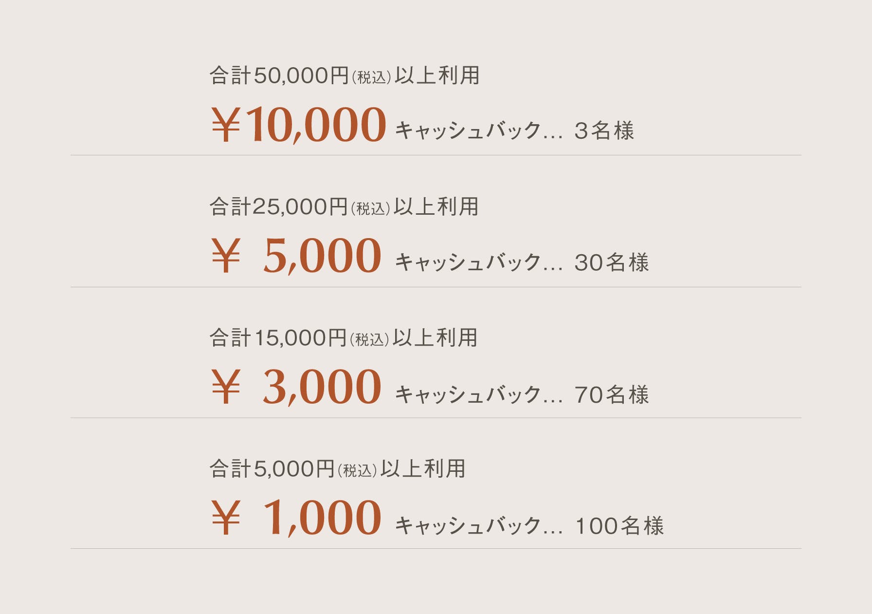 10,000円キャッシュバック（合計50,000円以上ご利用が対象）3名様、5,000円キャッシュバック（合計25,000円以上ご利用が対象）30名様、3,000円キャッシュバック（合計15,000円以上ご利用が対象）70名様、1,000円キャッシュバック（合計5,000円以上ご利用が対象）100名様