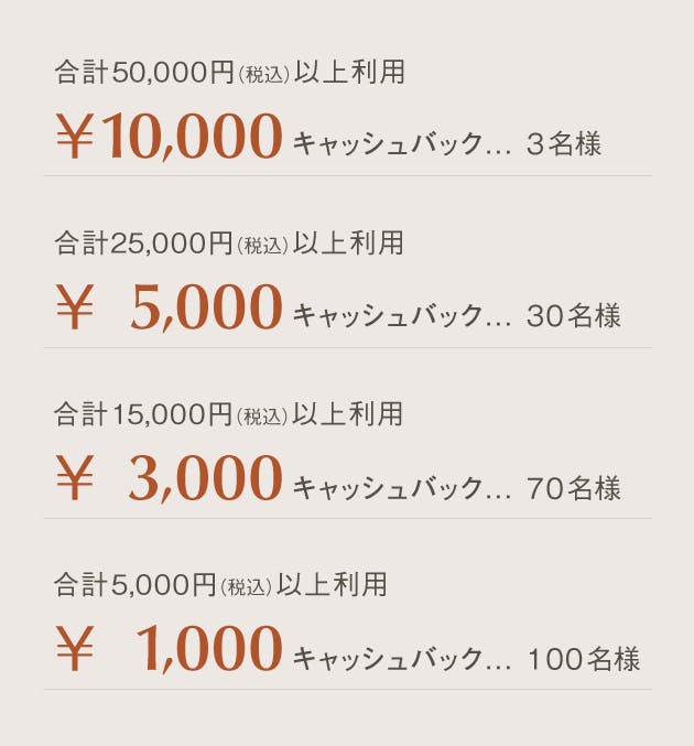 10,000円キャッシュバック（合計50,000円以上ご利用が対象）3名様、5,000円キャッシュバック（合計25,000円以上ご利用が対象）30名様、3,000円キャッシュバック（合計15,000円以上ご利用が対象）70名様、1,000円キャッシュバック（合計5,000円以上ご利用が対象）100名様