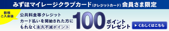 みずほマイレージクラブカード(クレジットカード)会員さま限定 ご入会後6ヵ月以内に公共料金等クレジットカード払いを開始された方に 永久不滅ポイント100ポイントプレゼント!! 詳しくはこちら