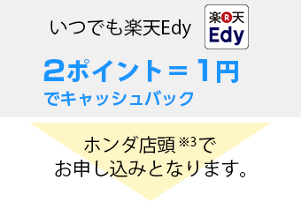 いつでも楽天Edy 2ポイント＝1円でキャッシュバック　ホンダ店頭※3でお申し込みとなります。