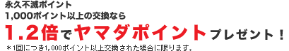 永久不滅1,000ポイント以上の交換なら 1.2倍でヤマダポイントプレゼント! 1回につき1,000ポイント以上交換された場合に限ります。